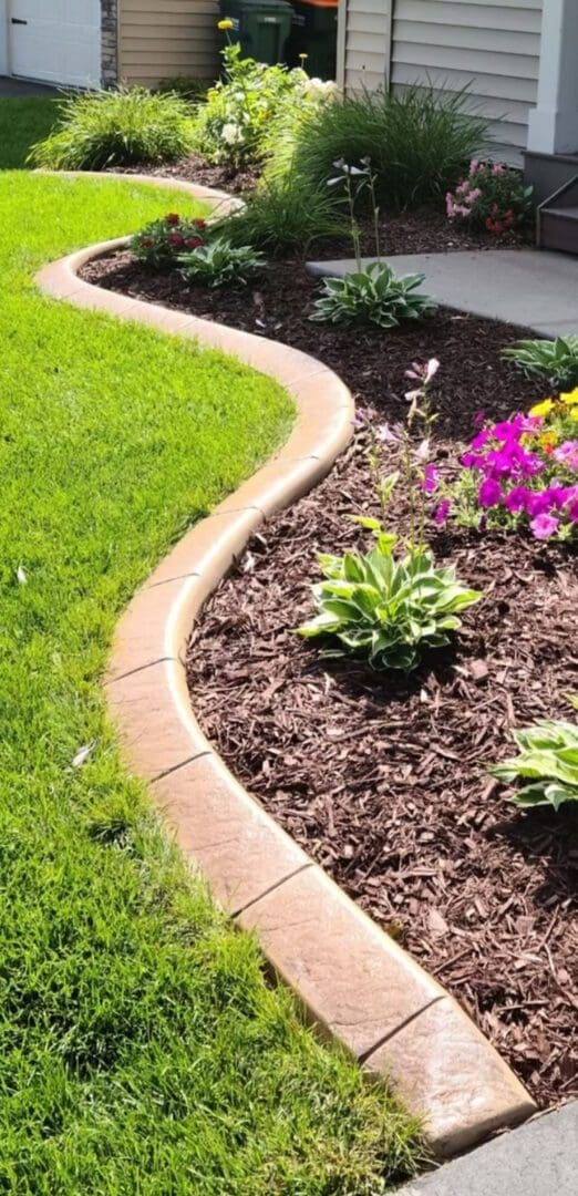 Curved decorative concrete mower-edge border separating lawn and flower beds