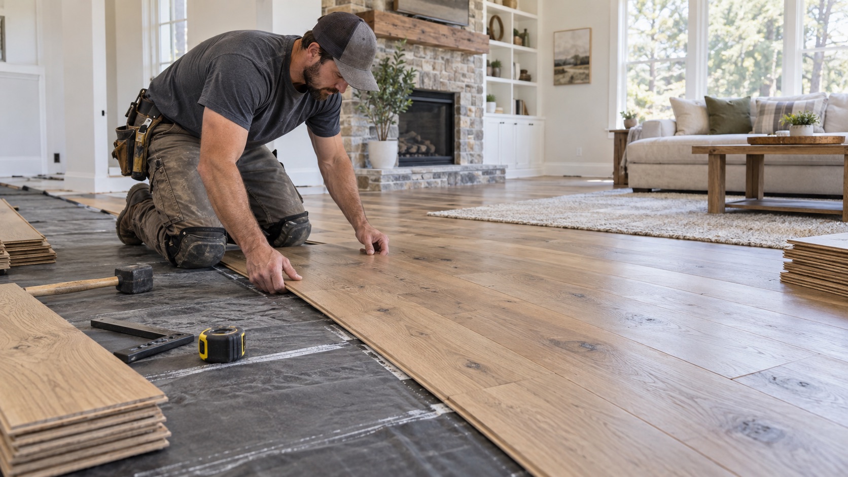 Flooring contractor fitting wide plank wood flooring over prepared underlayment