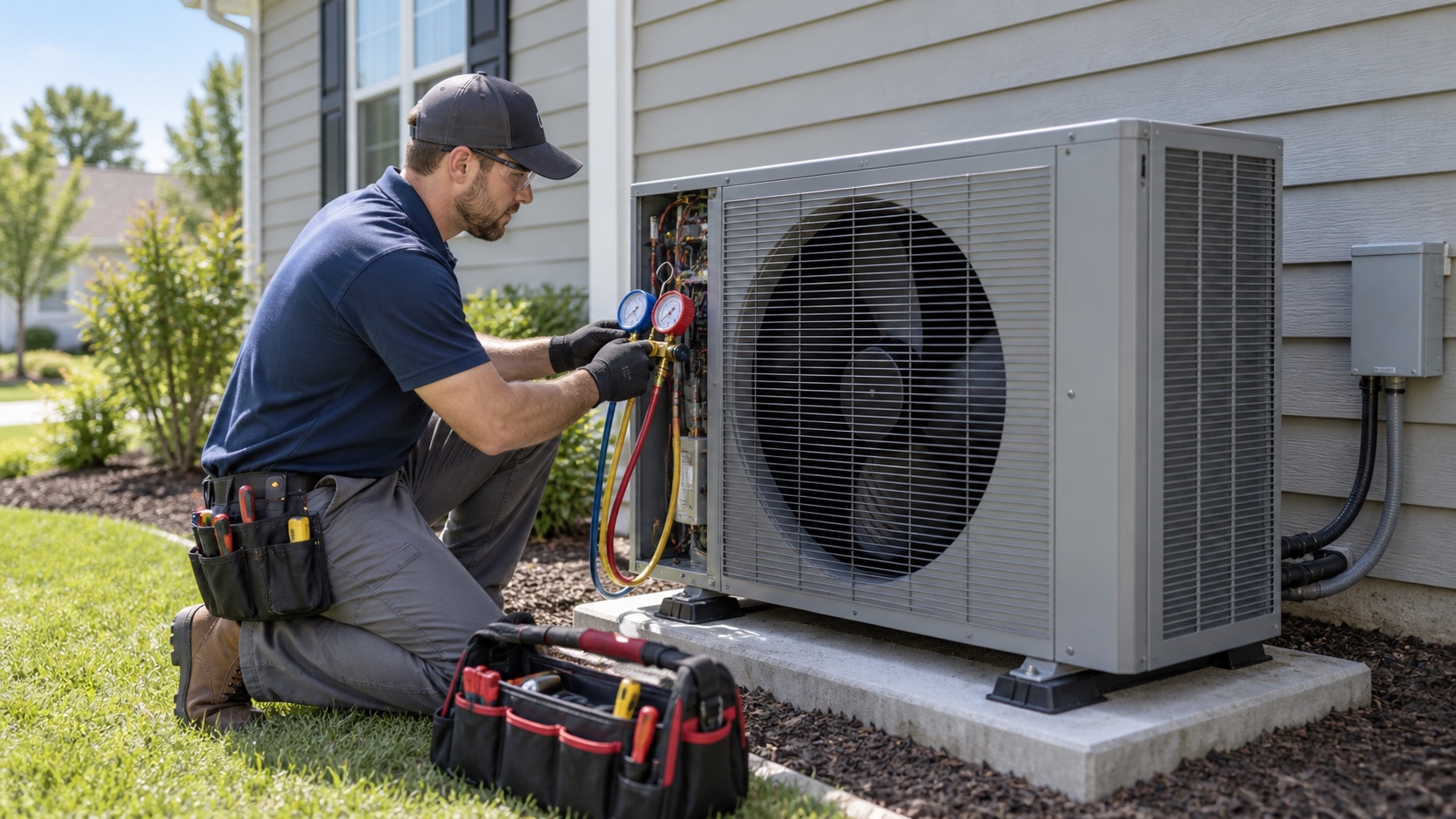 Residential HVAC technician servicing an outdoor heat pump beside a home