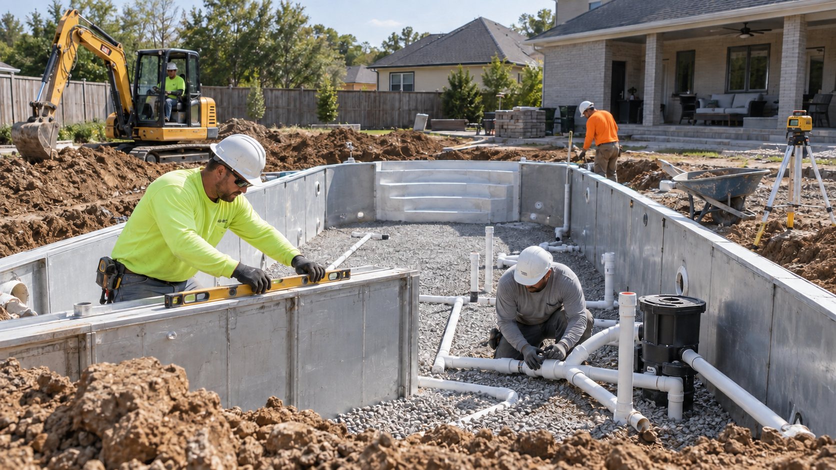 Pool contractors installing an in-ground pool structure and plumbing